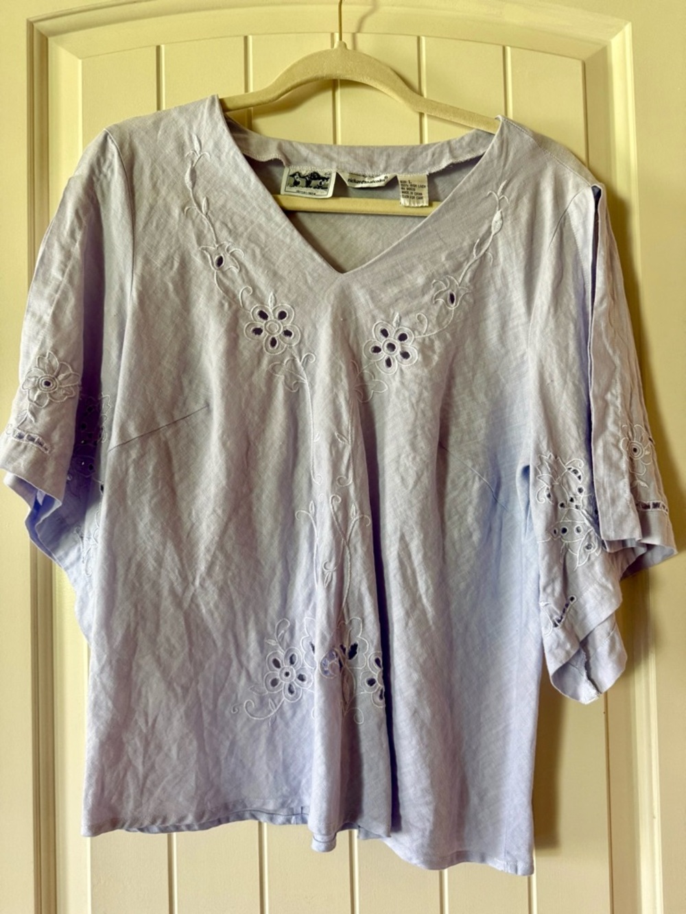 Richard Malcom Irish Linen Lavender Embroidered V-Neck Top
